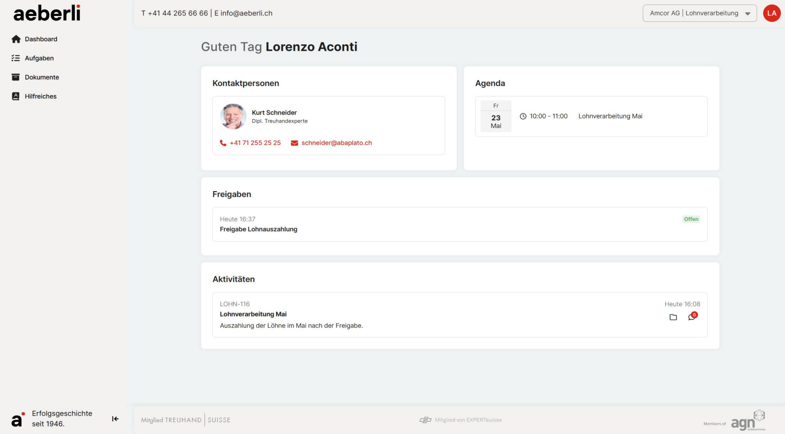 Abacus Treuhandportal — individualisierbares Mandantenportal mit Dashboard, Kontaktpersonen, Agenda, Freigaben und Aktivitäten